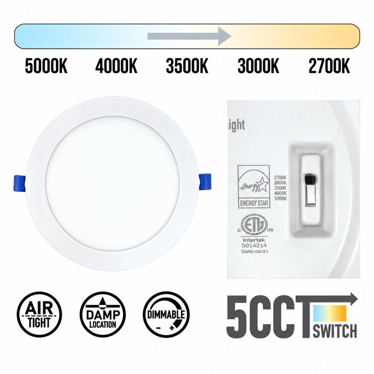 8" ROUND SUPER-THIN LED SLIM PANEL, DIMMABLE, 24W, 2050LM (5CCT SWITCHABLE) 2700K-3000K-3500K-4000K-5000K, AIRTIGHT WITH JUNCTION BOX
