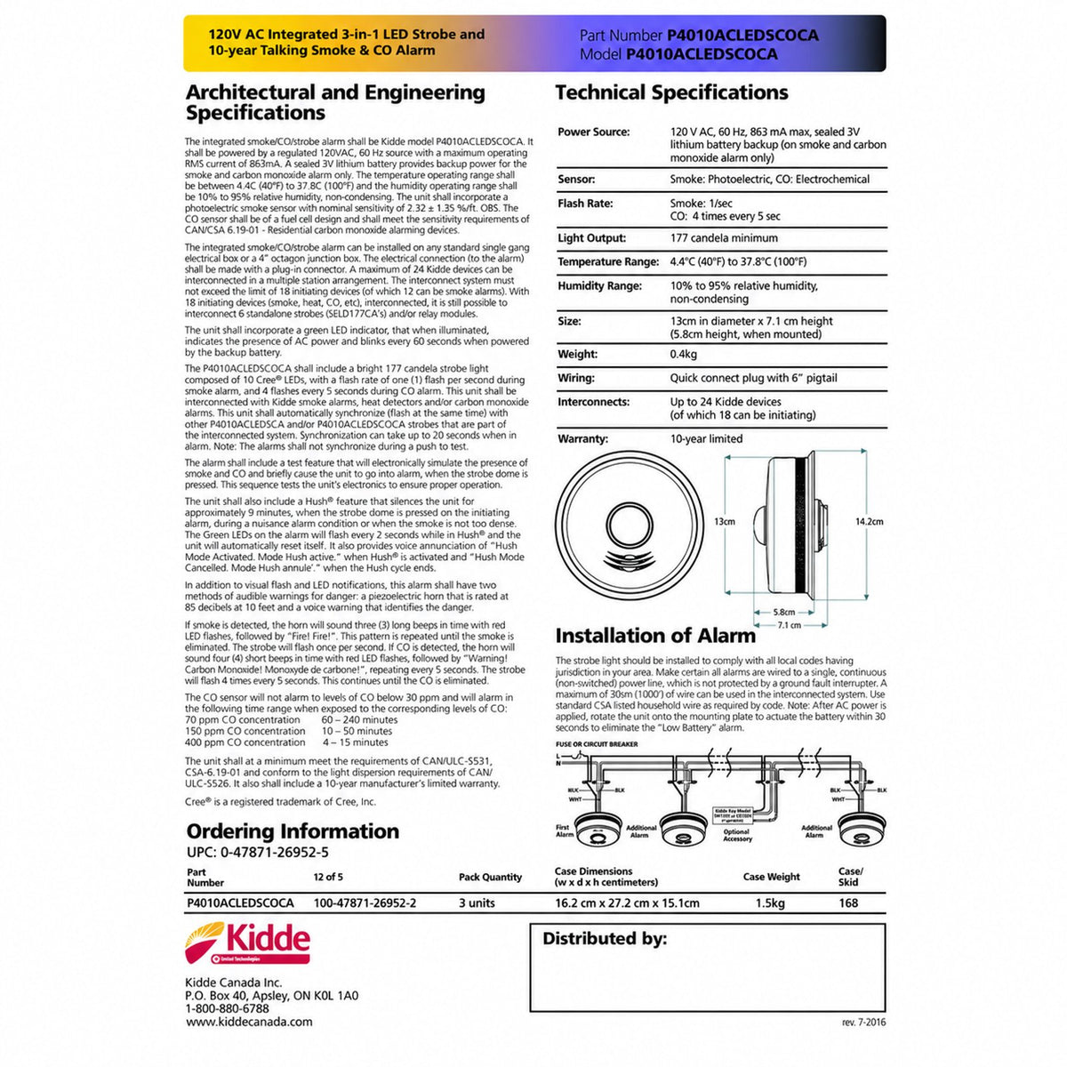 Kidde P4010ACLEDSCOCA-2, 3-in-1 120V Integrated LED STROBE and 10-Year Talking Smoke & Carbon Monoxide Alarm