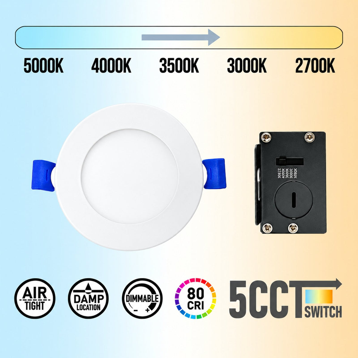 3.5" ROUND SUPER-THIN LED SLIM PANEL, DIMMABLE, 7W, 500LM (5CCT SWITCHABLE) 2700K-3000K-3500K-4000K-5000K, AIRTIGHT WITH JUNCTION BOX  (WHITE TRIM)