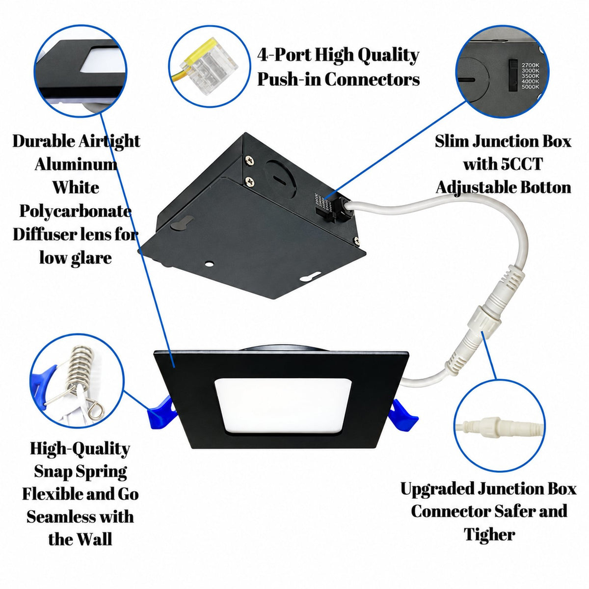4" SQUARE SUPER-THIN LED SLIM PANEL, DIMMABLE, 12W, Up to 870LM 5CCT SWITCHABLE 2700K-3000K-3500K-4000K-5000K, AIRTIGHT WITH JUNCTION BOX (Black Trim)