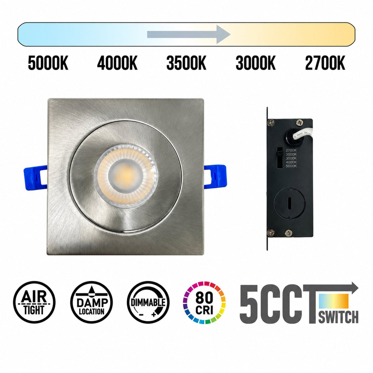 4" SQUARE GIMBAL LED SLIM PANEL, DIMMABLE, 9W, 860LM, (5CCT SWITCHABLE) 2700K-3000K-3500K-4000K-5000K, AIRTIGHT WITH JUNCTION BOX (BRUSHED NICKEL TRIM)