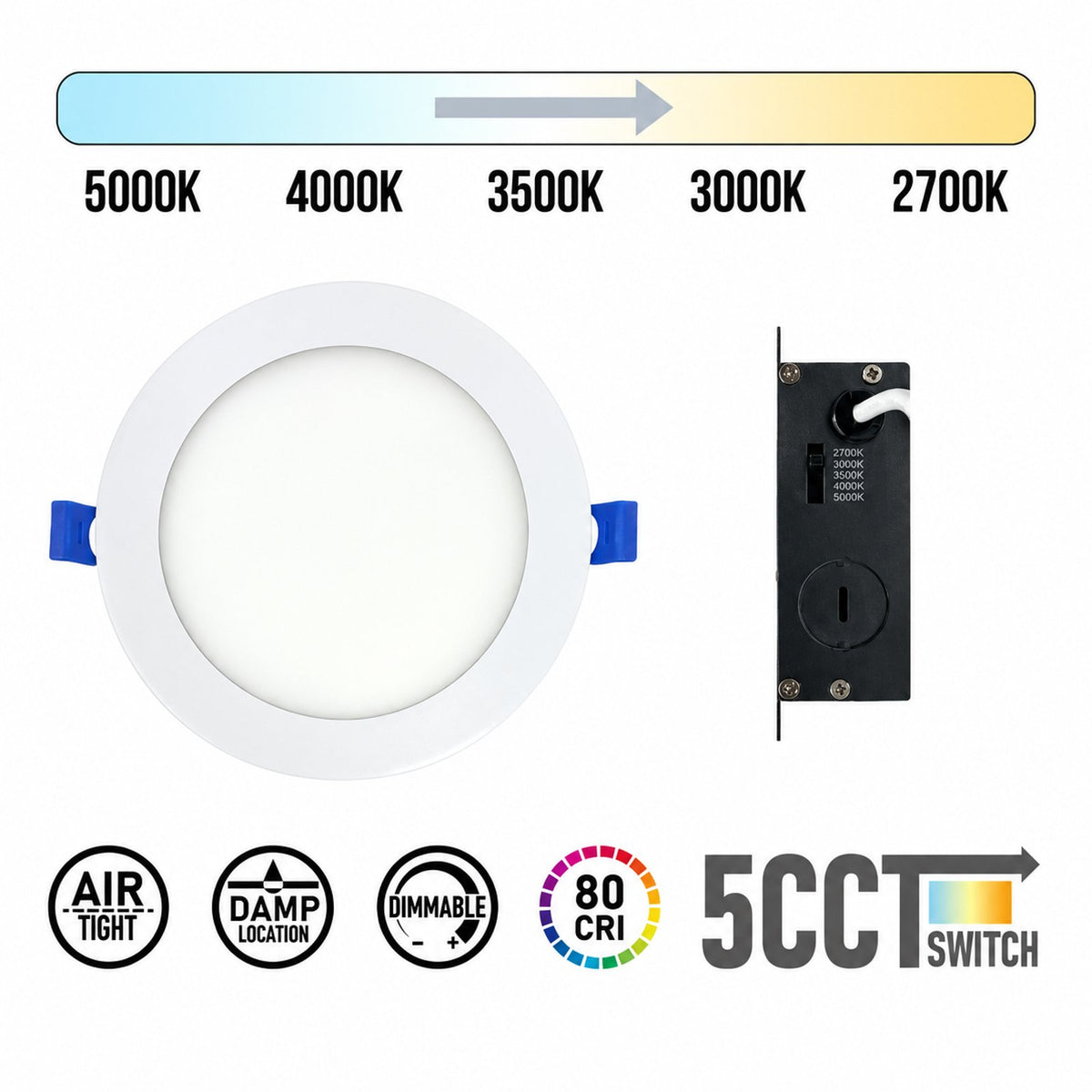 6" Round SUPER-THIN LED SLIM PANEL, DIMMABLE, 15W, 1000LM (5CCT SWITCHABLE) 2700K-3000K-3500K-4000K-5000K, AIRTIGHT WITH JUNCTION BOX (White Trim)