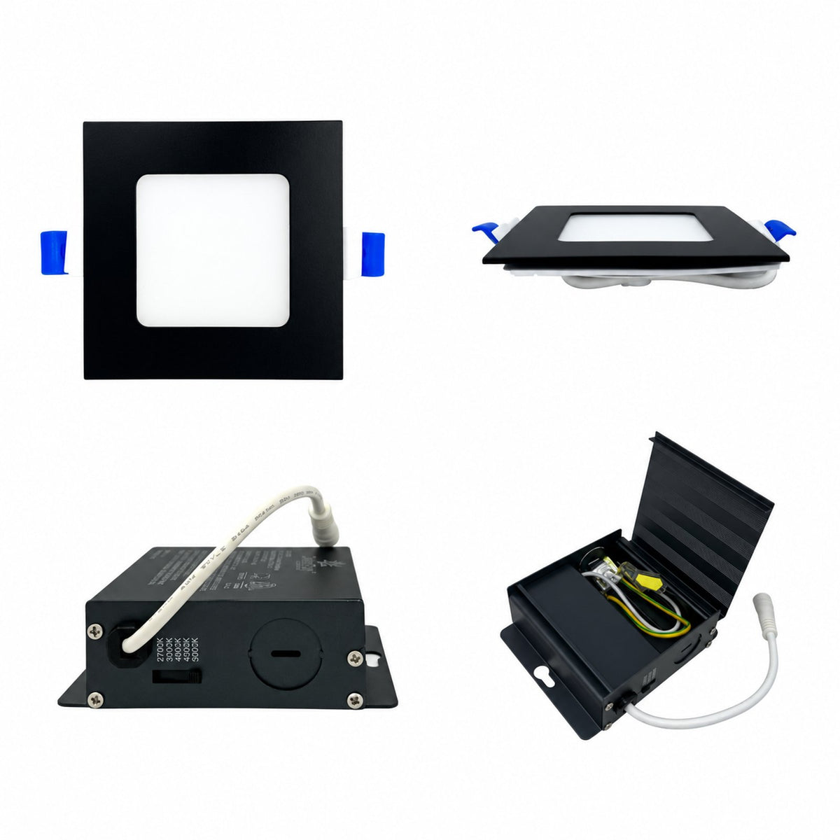 4" SQUARE SUPER-THIN LED SLIM PANEL, DIMMABLE, 12W, Up to 870LM 5CCT SWITCHABLE 2700K-3000K-3500K-4000K-5000K, AIRTIGHT WITH JUNCTION BOX (Black Trim)
