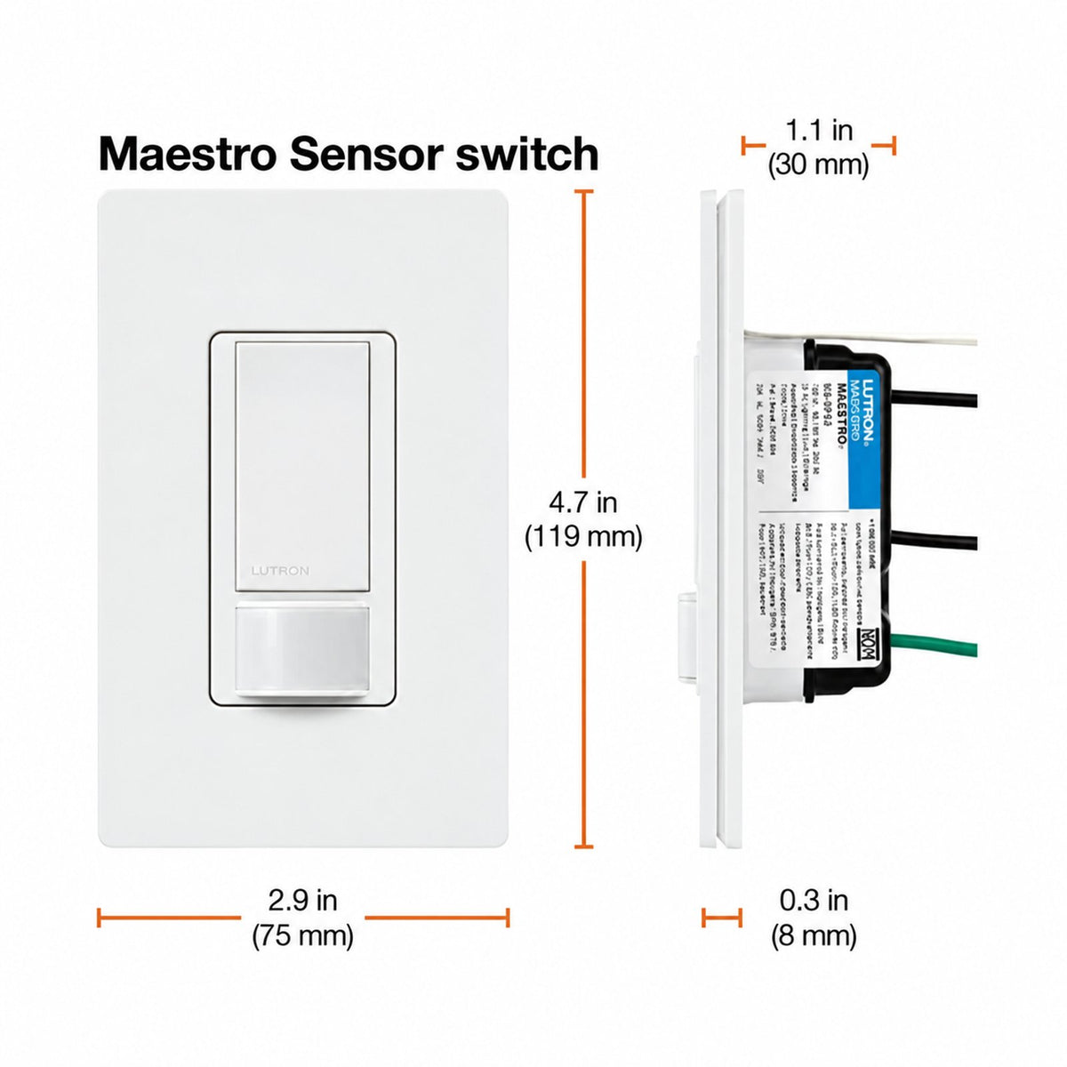 Lutron MS-OPS5M-WH Maestro Sensor Switch, 5-Amp, No Neutral Required, Single-Pole or Multi-Location, White - Reno Supplies