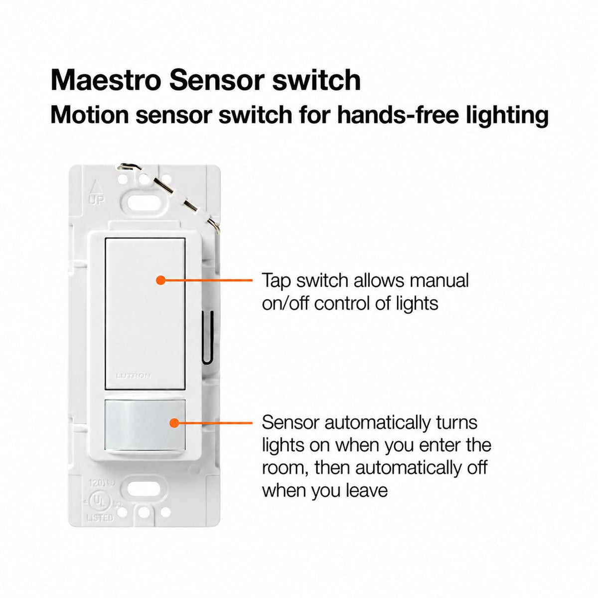 Lutron MS-OPS5M-WH Maestro Sensor Switch, 5-Amp, No Neutral Required, Single-Pole or Multi-Location, White - Reno Supplies