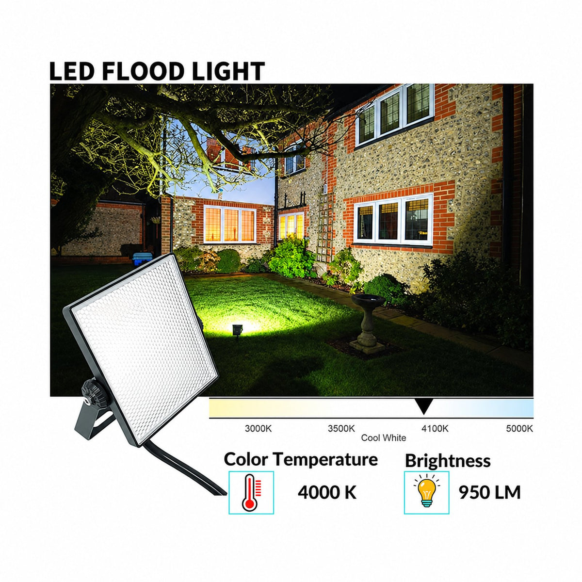 LED 10W Flood Light, 100W Halogen Bulb Equivalent, AC 100-277V, 950Lumen, IP65 Waterproof Outdoor Lights, 4000K Cool White (Trunnion Mounting Option)