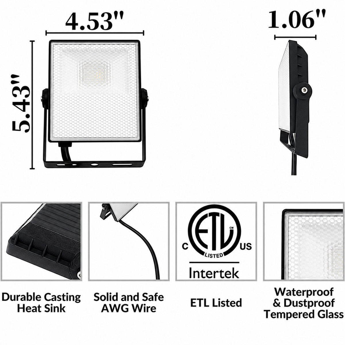 LED 10W Flood Light, 100W Halogen Bulb Equivalent, AC 100-277V, 950Lumen, IP65 Waterproof Outdoor Lights, 4000K Cool White (Trunnion Mounting Option)