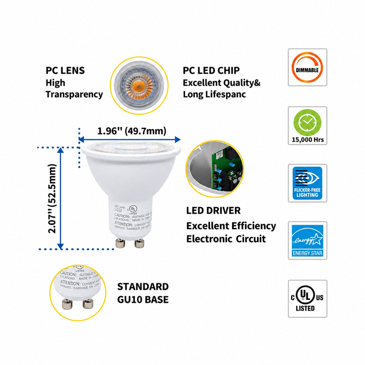 RS GU10 LED Bulbs, Dimmable, 6.5W, 500LM, (60W Halogen Bulb Equivalent), LED Spotlight Bulbs, Recessed Lighting, UL Listed, Energy Star Certified