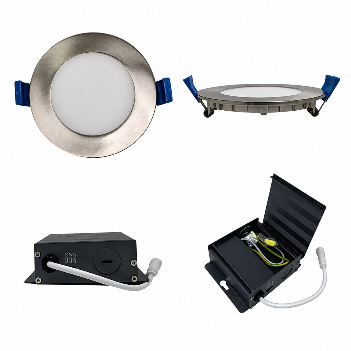 4" ROUND SUPER-THIN LED SLIM PANEL, DIMMABLE, 12W, 750LM (3CCT SWITCHABLE) 3000K-4000K-5000K, AIRTIGHT WITH JUNCTION BOX  (Brushed Nickel Trim) - Reno Supplies