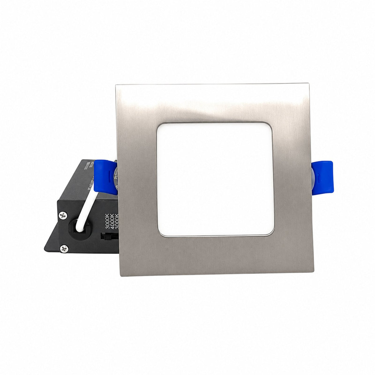 4" SQUARE SUPER-THIN LED SLIM PANEL, DIMMABLE, 12W, 750LM (3CCT SWITCHABLE) 3000K-4000K-5000K, AIRTIGHT WITH JUNCTION BOX (Brushed Nickel Trim) - Reno Supplies