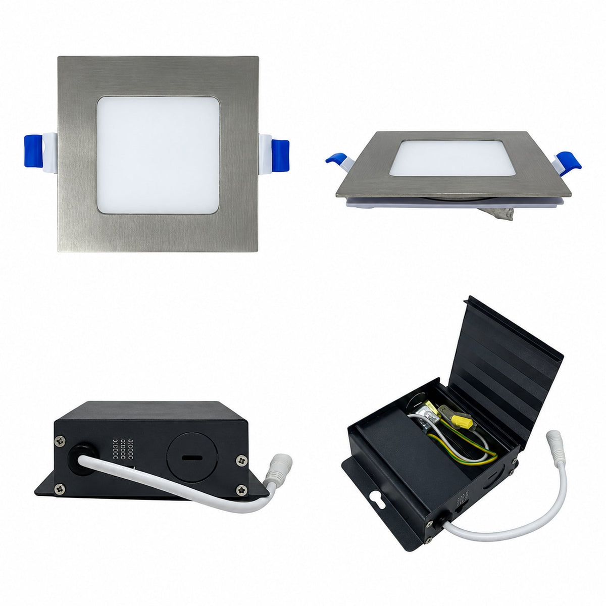 4" SQUARE SUPER-THIN LED SLIM PANEL, DIMMABLE, 12W, 750LM (3CCT SWITCHABLE) 3000K-4000K-5000K, AIRTIGHT WITH JUNCTION BOX (Brushed Nickel Trim) - Reno Supplies