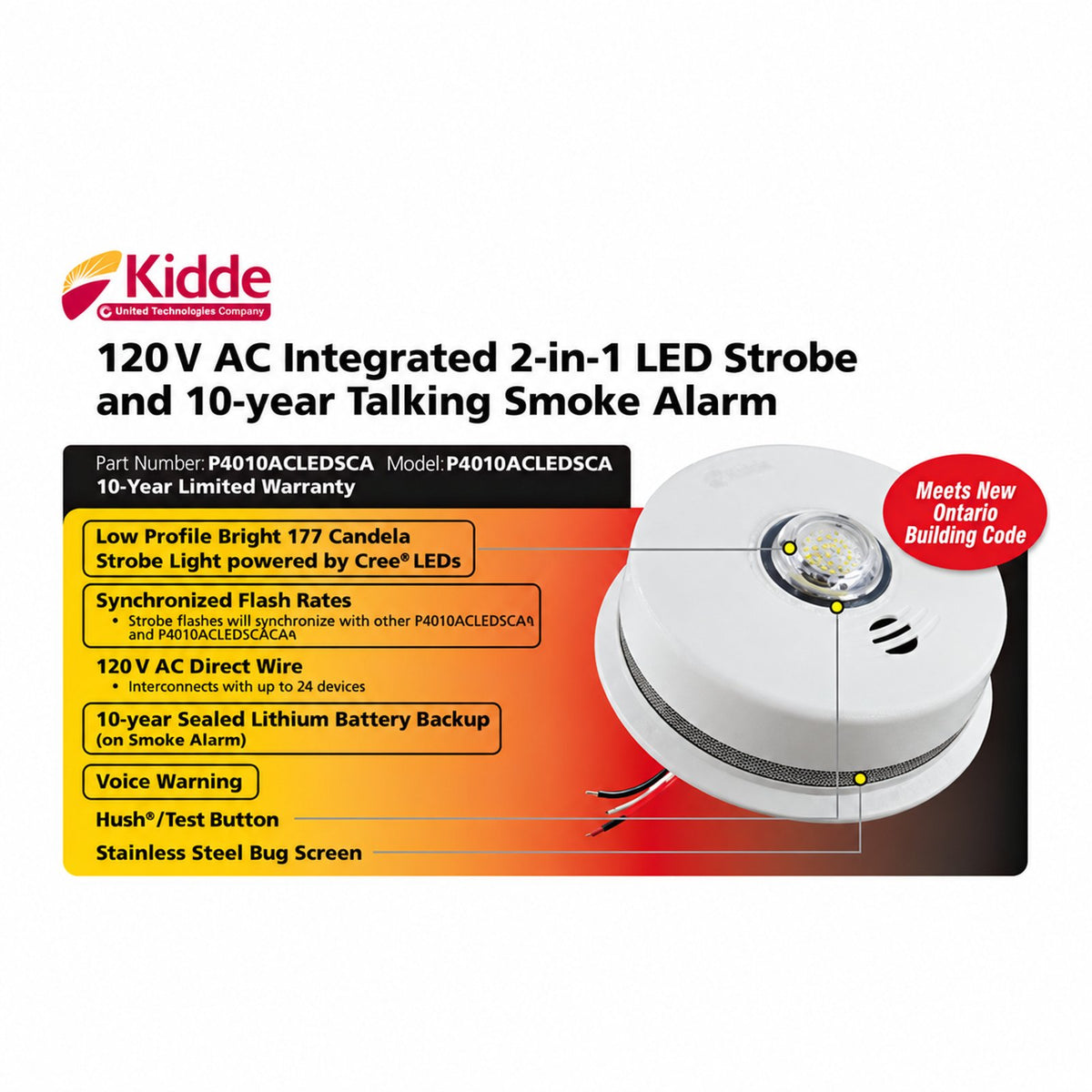 Kidde P4010ACLEDSCA 2-in-1 integrated 120 V AC wire-in Smoke Alarm with LED strobe light 10-Year sealed battery backup - Reno Supplies