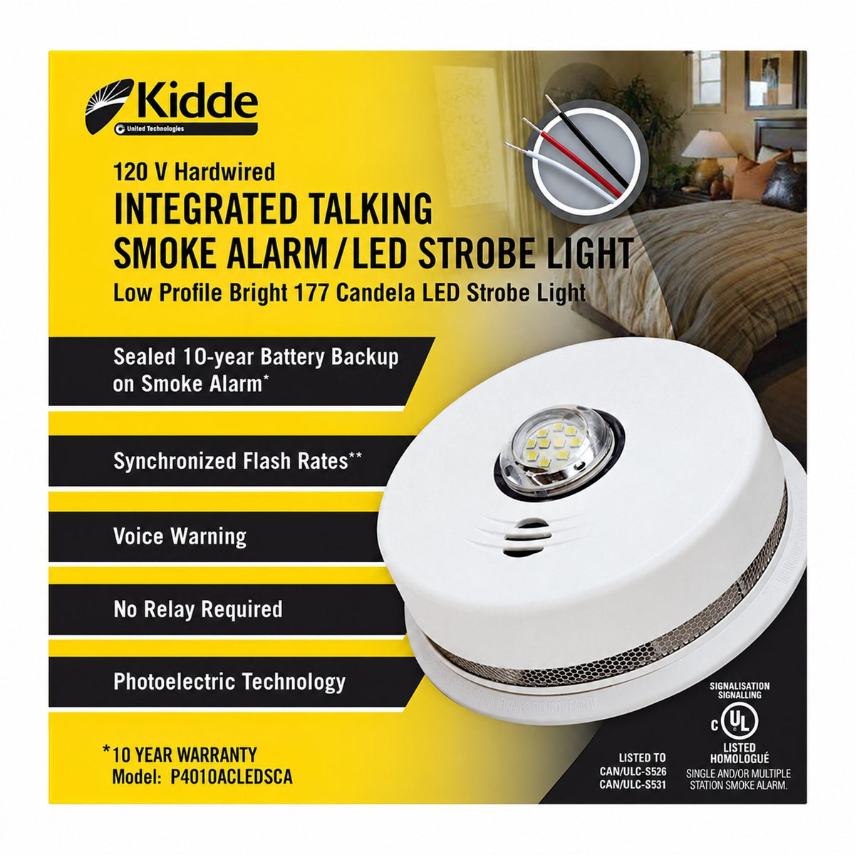 Kidde P4010ACLEDSCA 2-in-1 integrated 120 V AC wire-in Smoke Alarm with LED strobe light 10-Year sealed battery backup - Reno Supplies