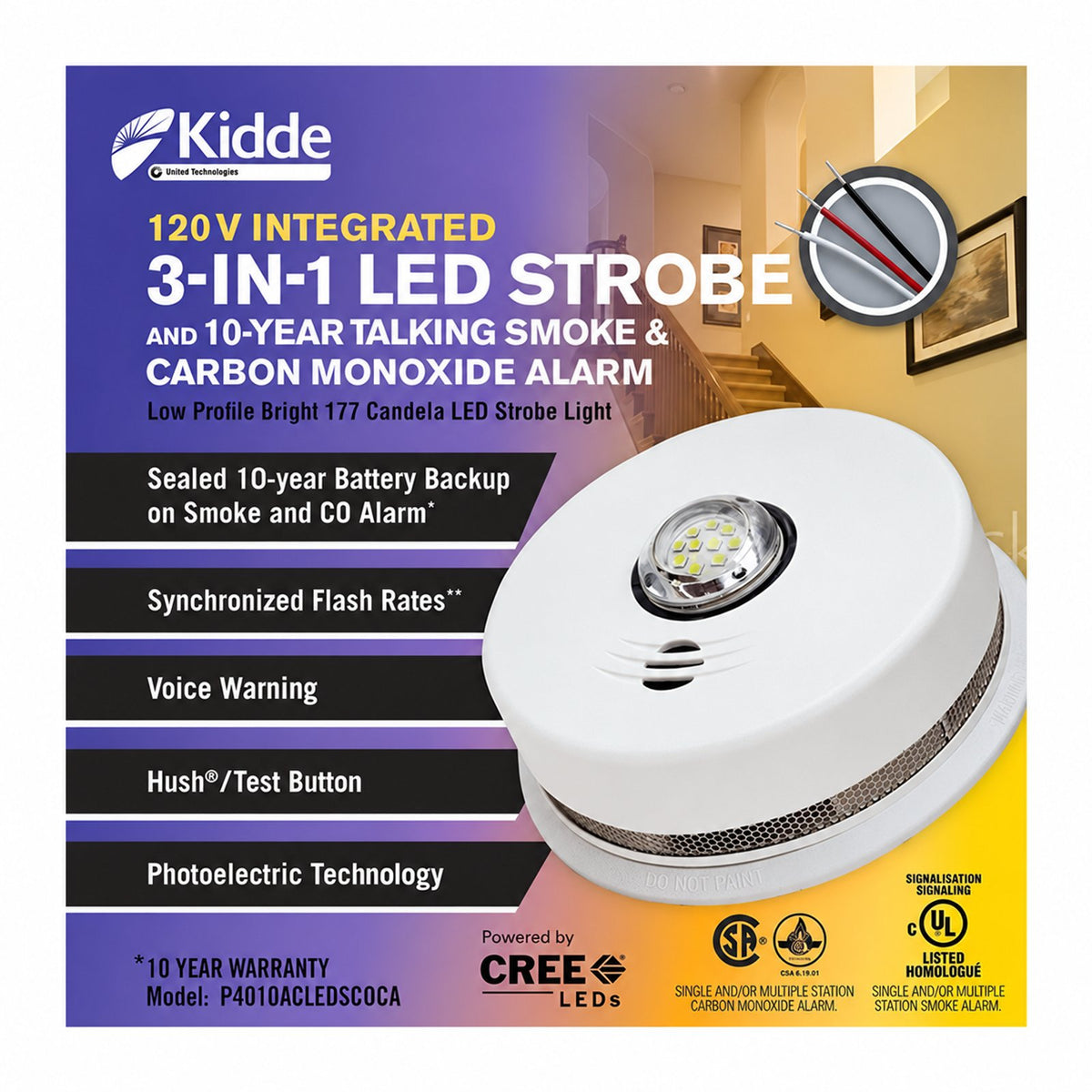 Kidde P4010ACLEDSCOCA-2, 3-in-1 120V Integrated LED STROBE and 10-Year Talking Smoke & Carbon Monoxide Alarm